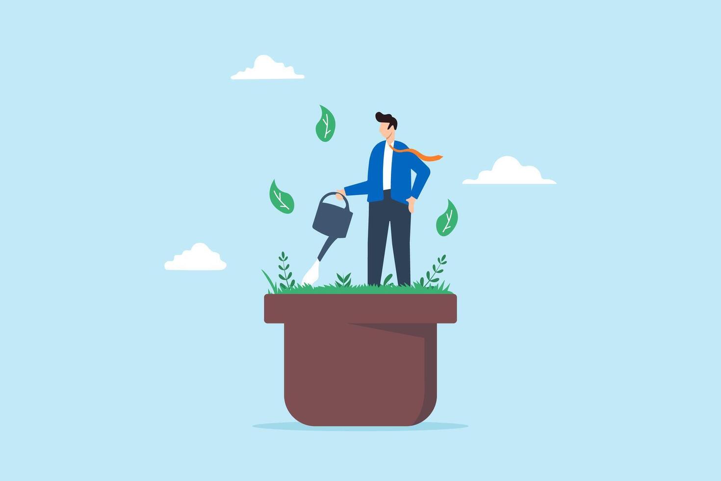 Confident businessman waters himself on plant pot vector