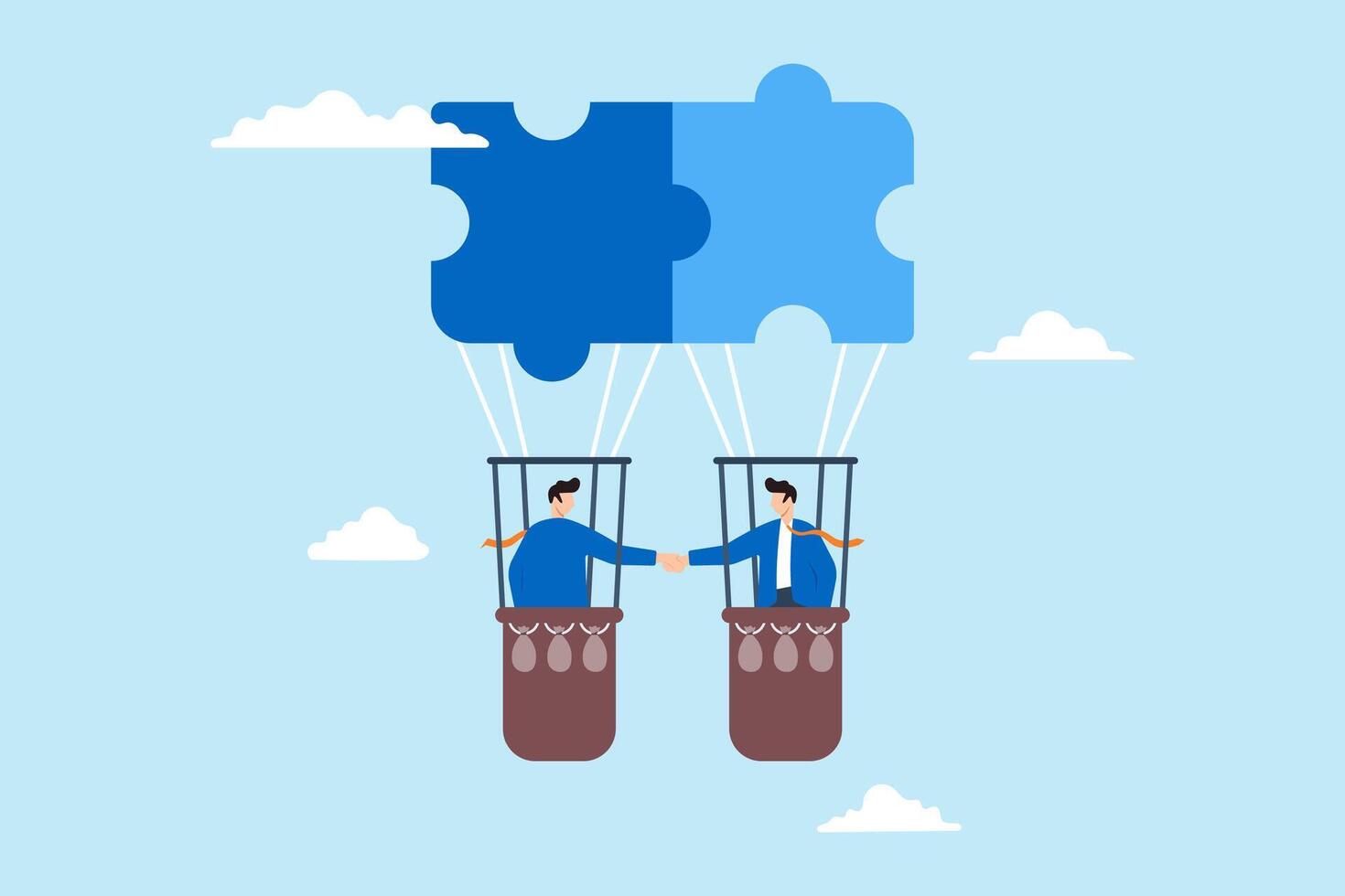 Two businessman handshake on connecting jigsaw balloon vector