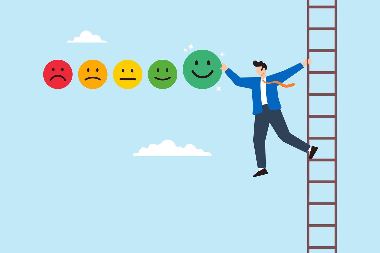 Young man on the ladder giving feedback rating with smile emoticons vector