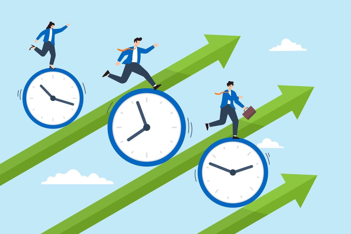 Business people riding clock on rising graph arrow vector