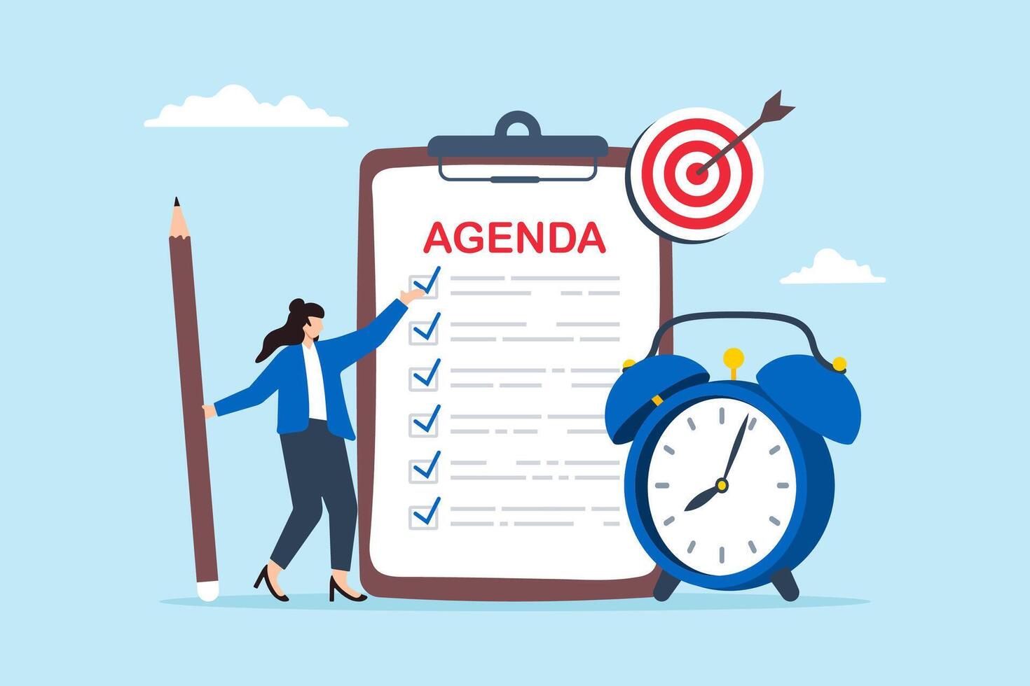 Businesswoman holding pencil and creating meeting agenda with alarm clock vector