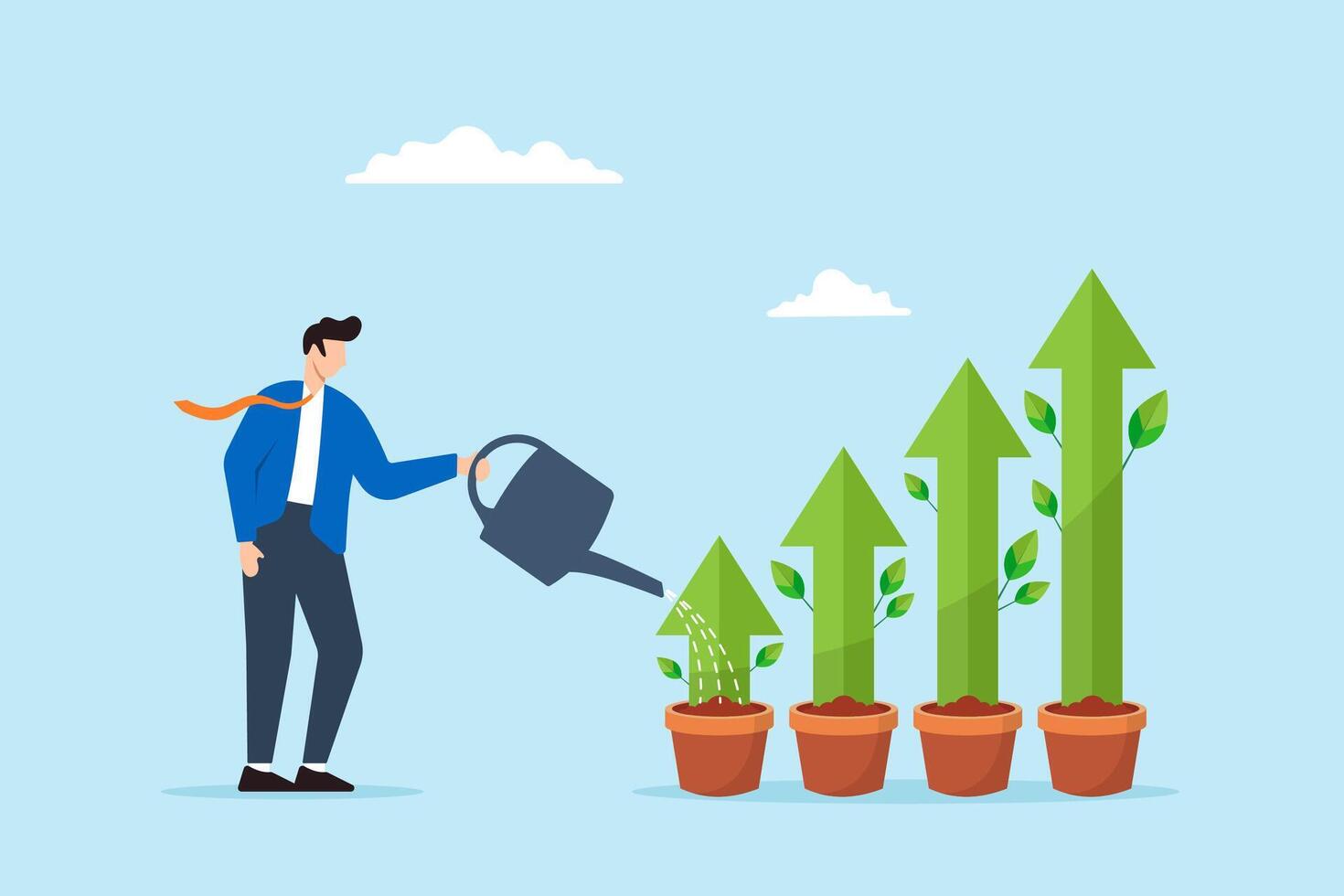 Businessman watering green plant shaped like grow up trend vector