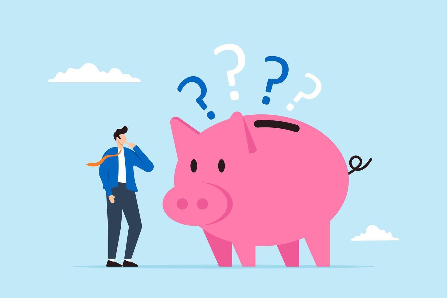 Confused businessman with piggybank and question marks vector