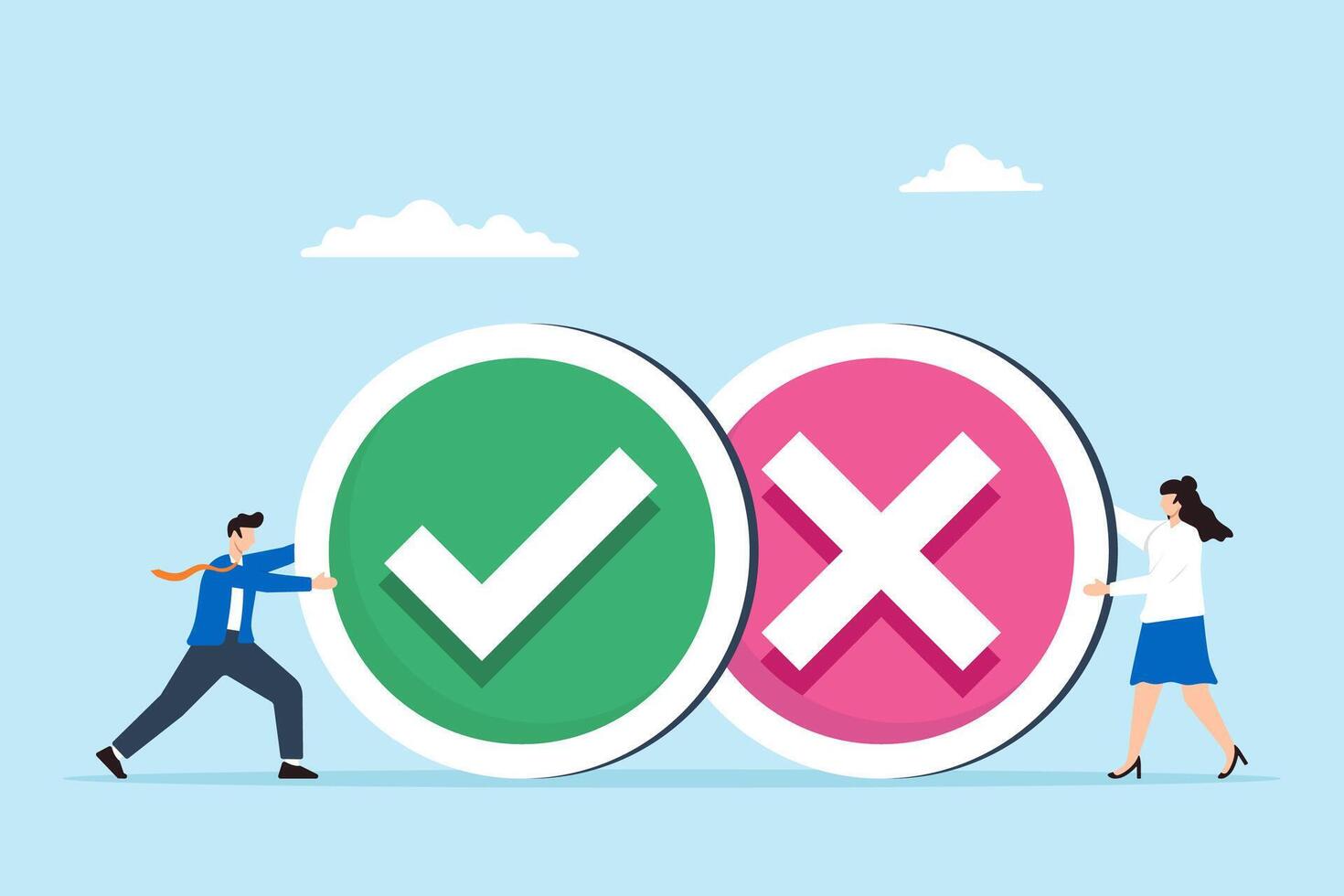 Two business people holding pros and cons, right and wrong symbols vector