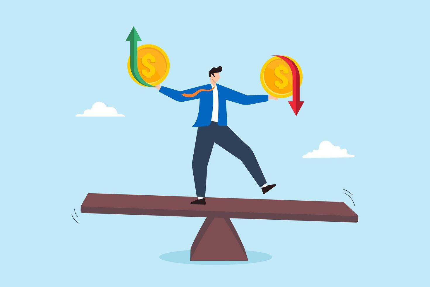 Businessman balancing on seesaw and holding coin with profit and loss arrow vector