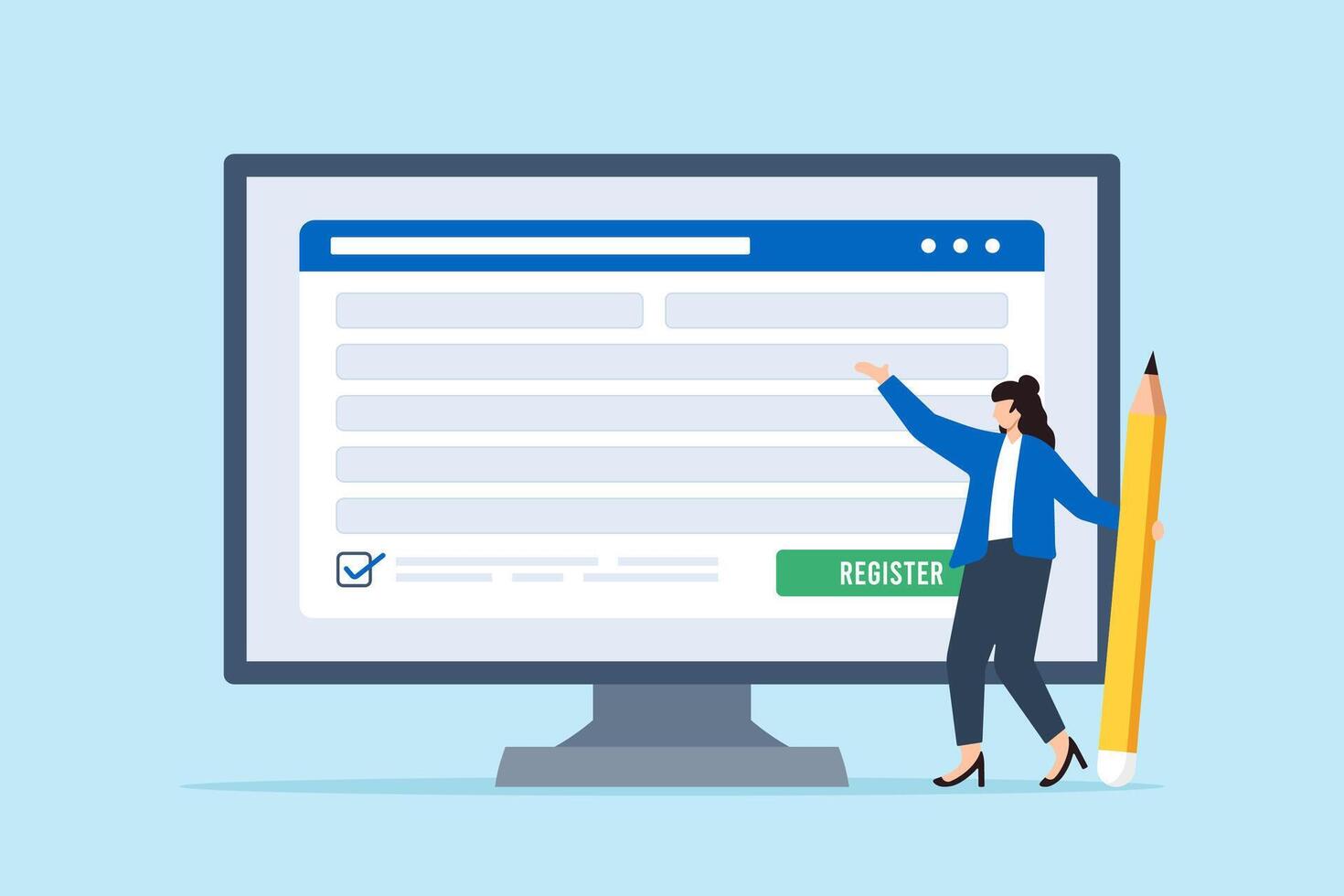 Businesswoman complete online registration form with pencil vector