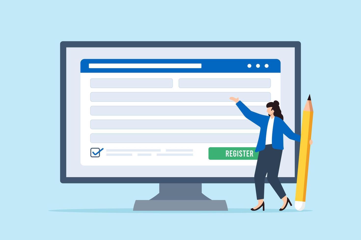 mujer de negocios completar en línea registro formar con lápiz vector