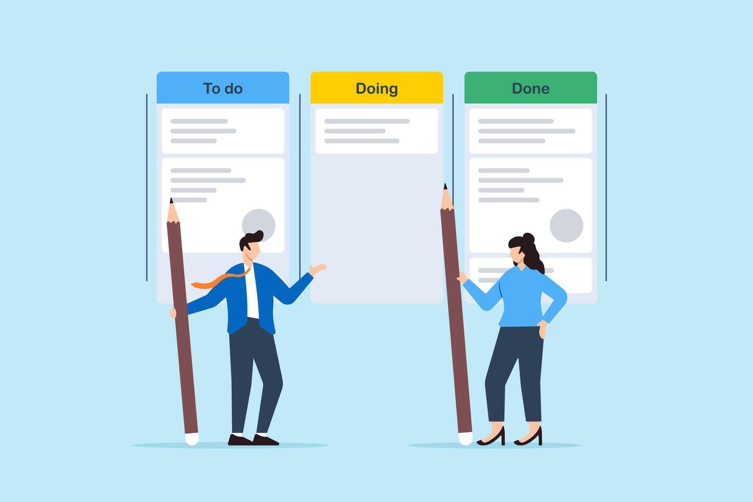 Business people review project progress on kanban board vector