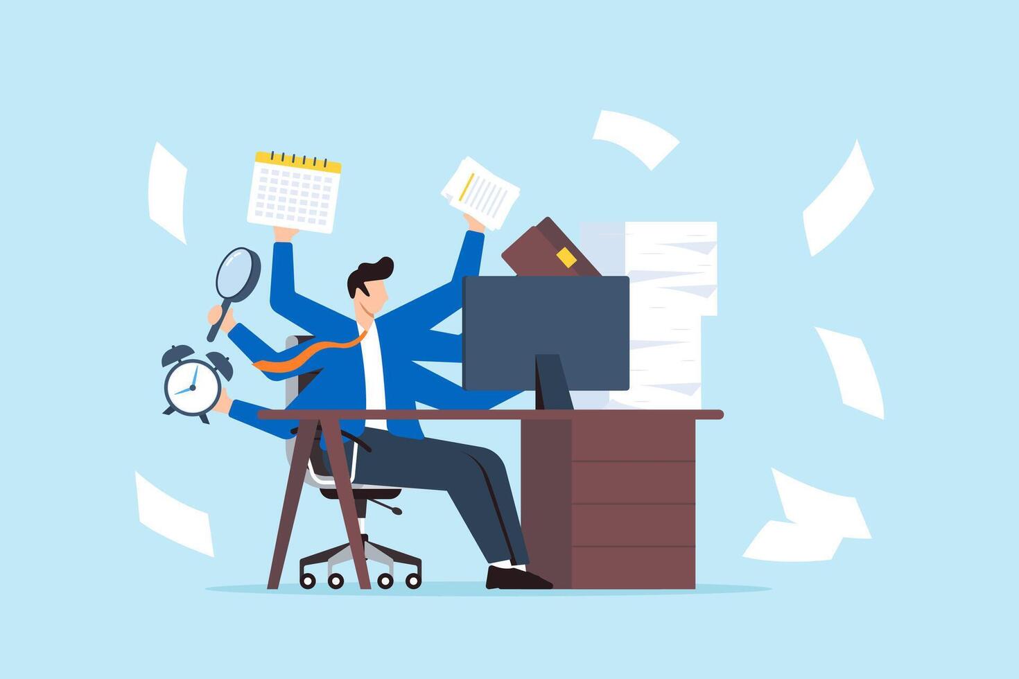 Workaholic businessman overworked on his office desk with paper works vector