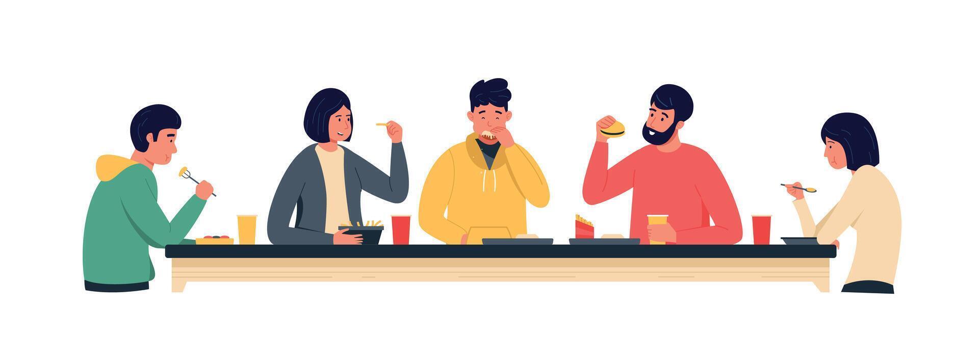 Customers eating food. Cartoon people have breakfast lunch and brunch in cafe or restaurant, men and women at the table chewing and tasting food. Vector set