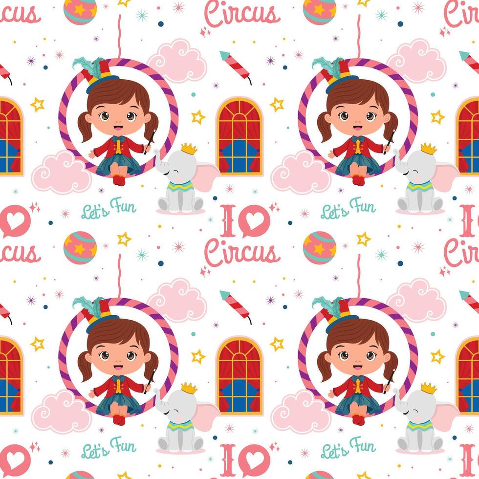 Circus seamless pattern with cute acrobat girl sitting on the hoop and baby elephant in white background vector