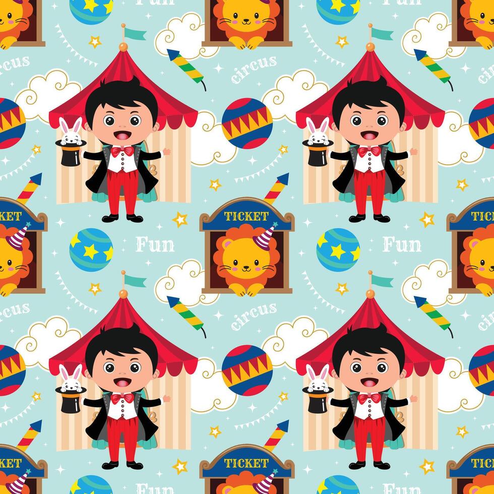 Circus seamless pattern with cute boy magician and lion in blue background. It can be used for textile, wallpaper, wrapping vector