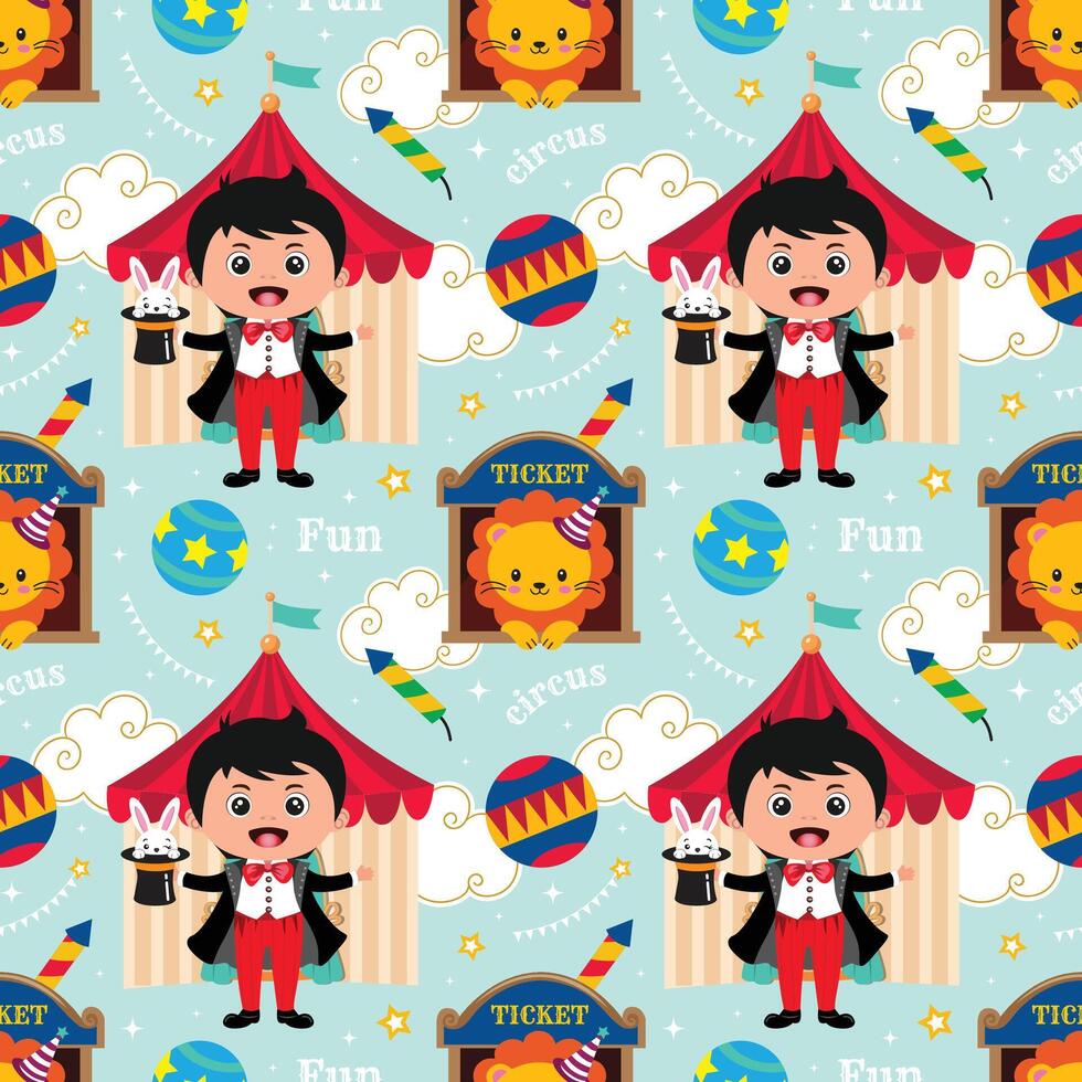 Circus seamless pattern with cute boy magician and lion in blue background. It can be used for textile, wallpaper, wrapping vector