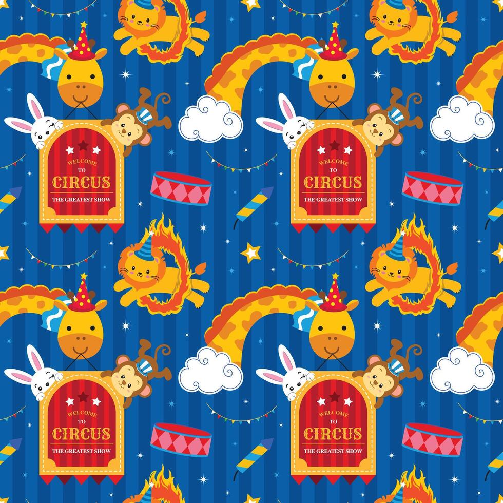 Seamless pattern with cute cartoon circus animals on blue striped background vector