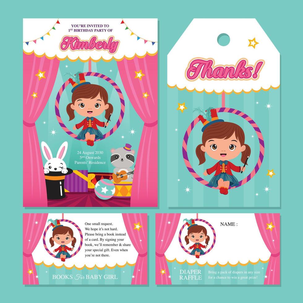 cumpleaños invitación conjunto con acróbata niña sentado en el aro y circo animales vector