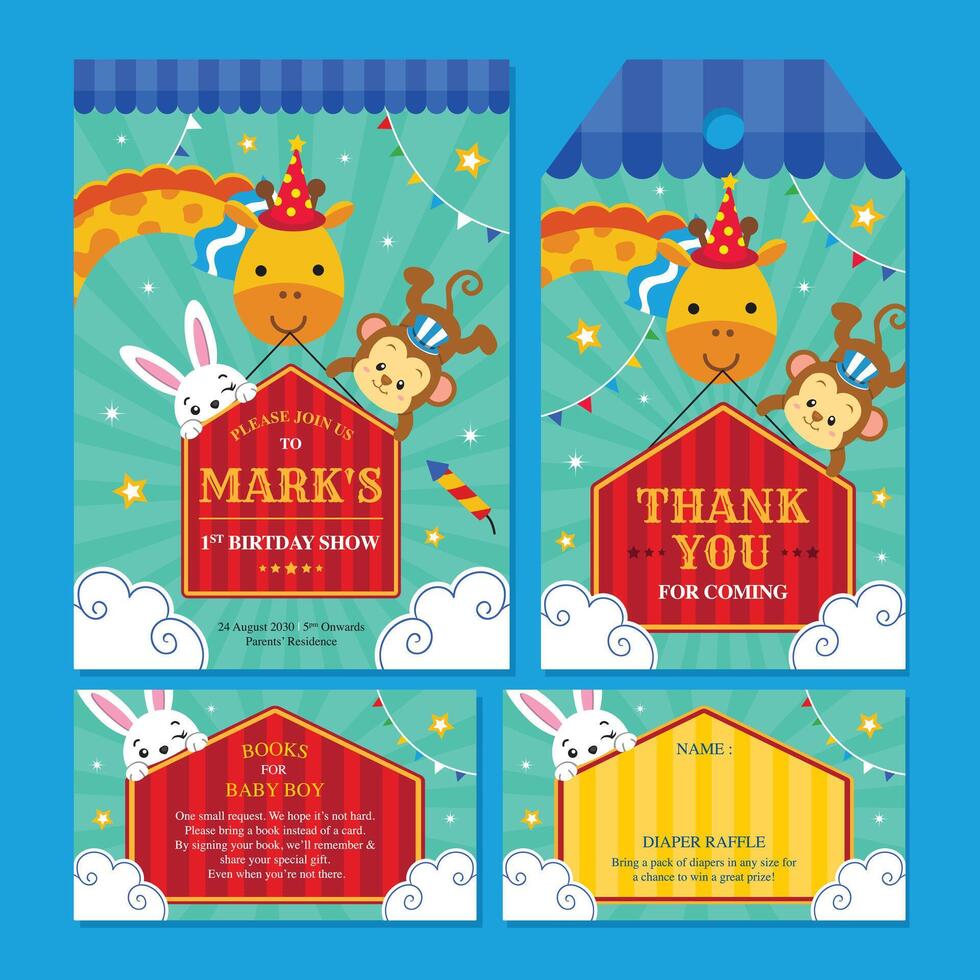 Birthday invitation set with cute circus animals vector