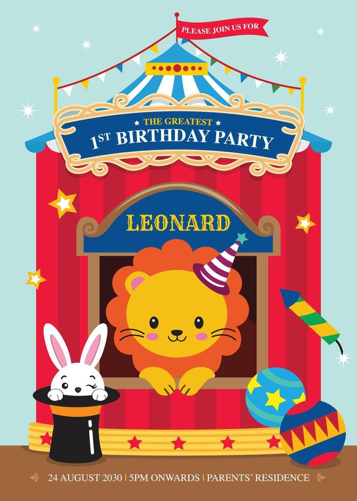 Birthday invitation with cute lion and bunny vector