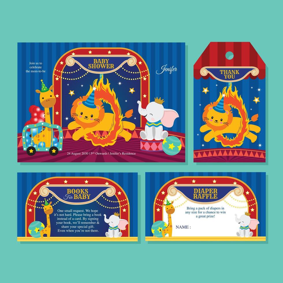 Baby shower invitation set with cute circus animals vector