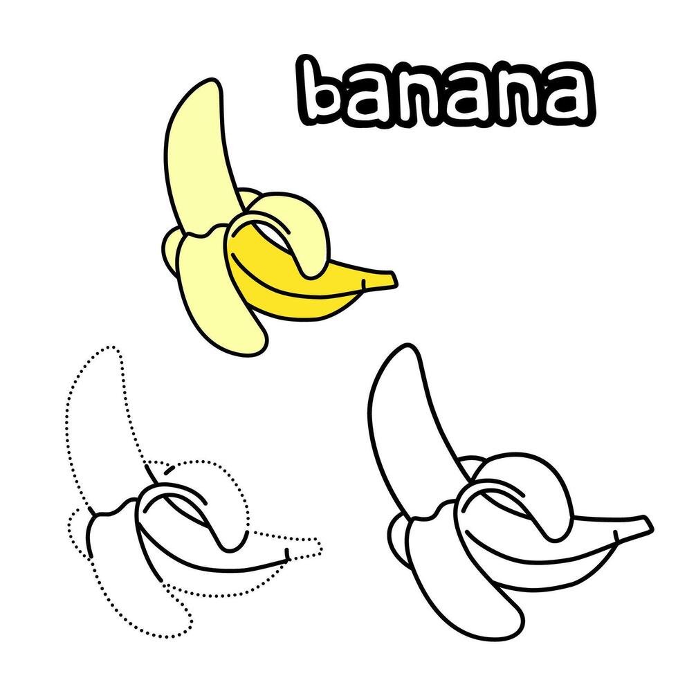 Fruit coloring pages with banana background and the activity of connecting the dots for kindergarten children vector