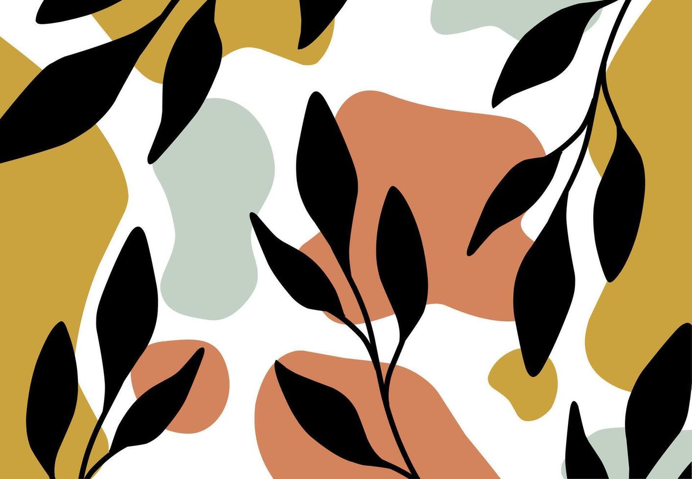 Black leaf motif wallpaper with orange, green background vector