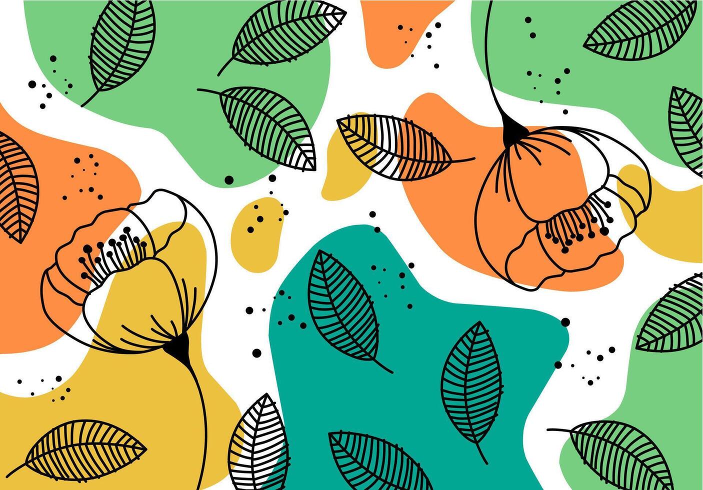 flower and leaf motif wallpaper with orange green abstract background vector