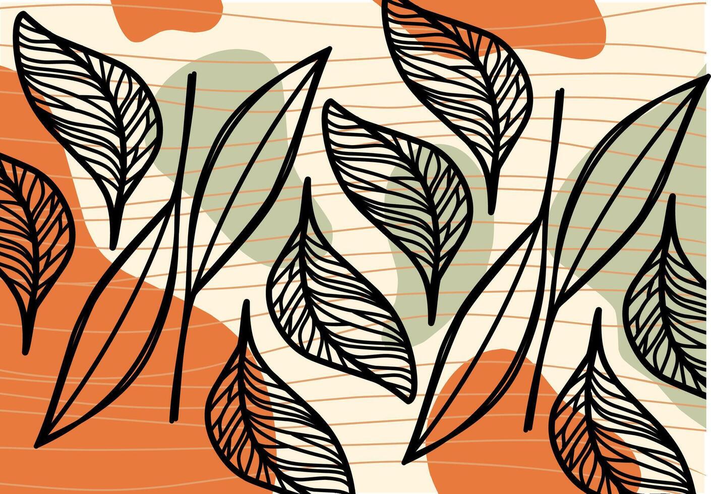 Leaf motif wallpaper with wood grain background and solid green and orange color vector