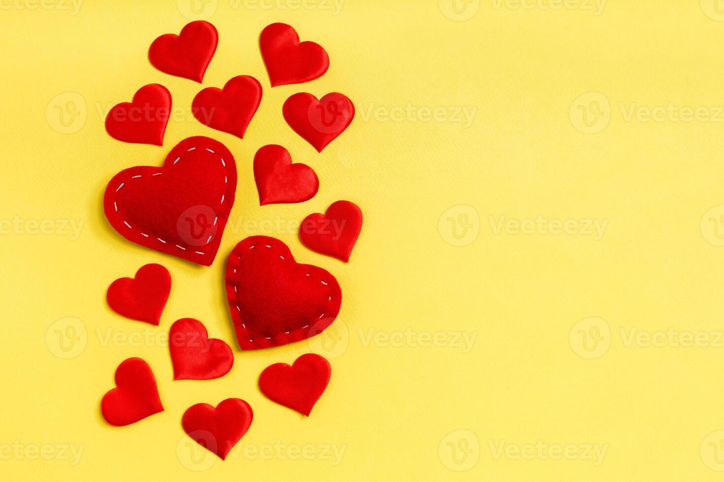 Top view of red hearts on colorful background with copy space. Romantic concept. Valentine's day concept photo