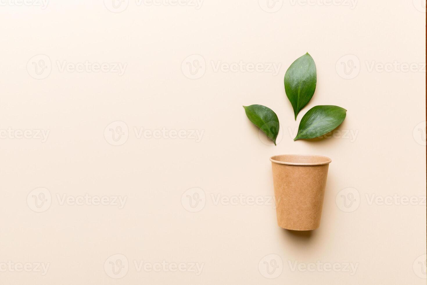 Zero waste cup with green leaf, environmentally friendly, disposable, cardboard, Eco-friendly coffee cup. top View with copy space photo