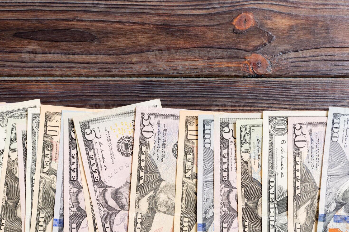 Background of US Dollar bills money top view of business concept on background with copy space photo