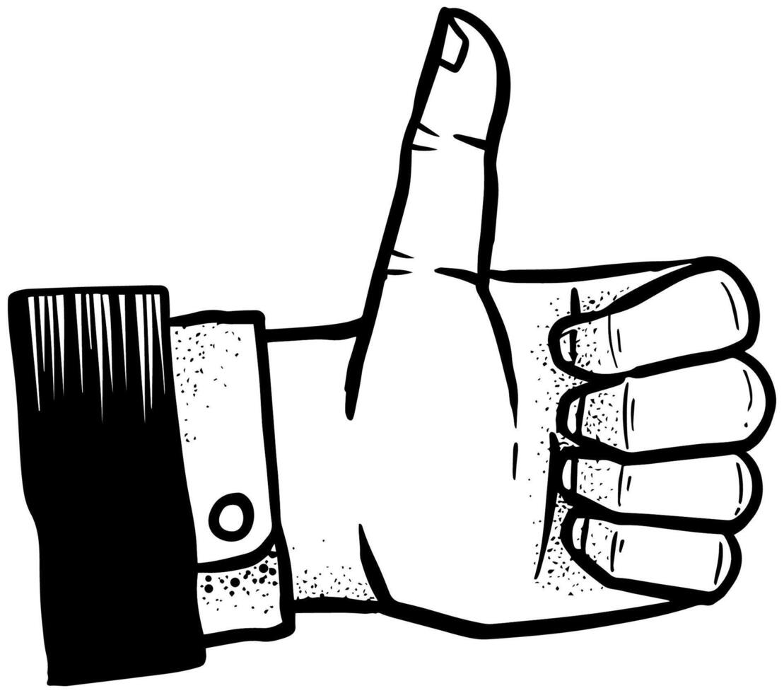 Thumb up hand. Black and white vector illustration.