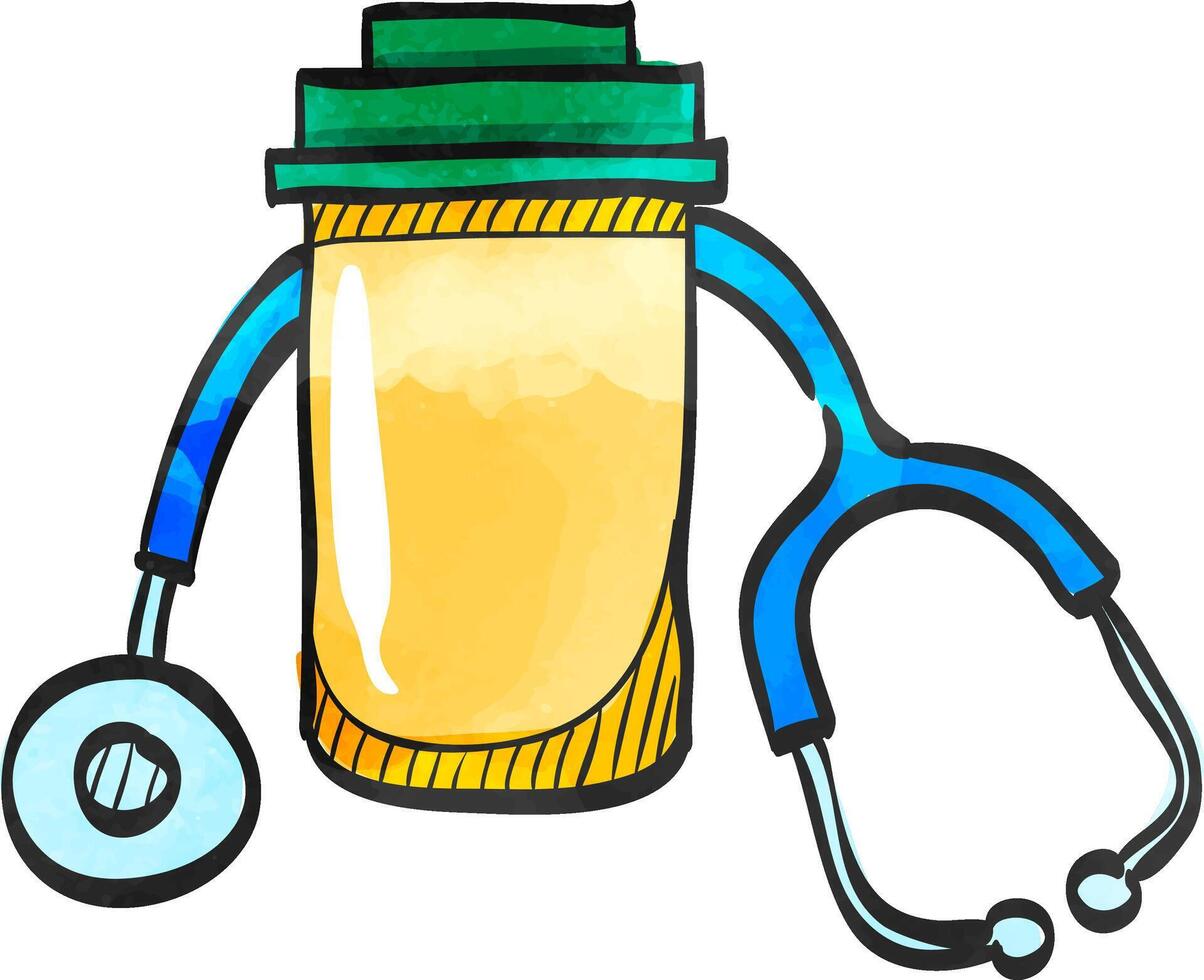 Pills bottle stethoscope icon in watercolor style. vector