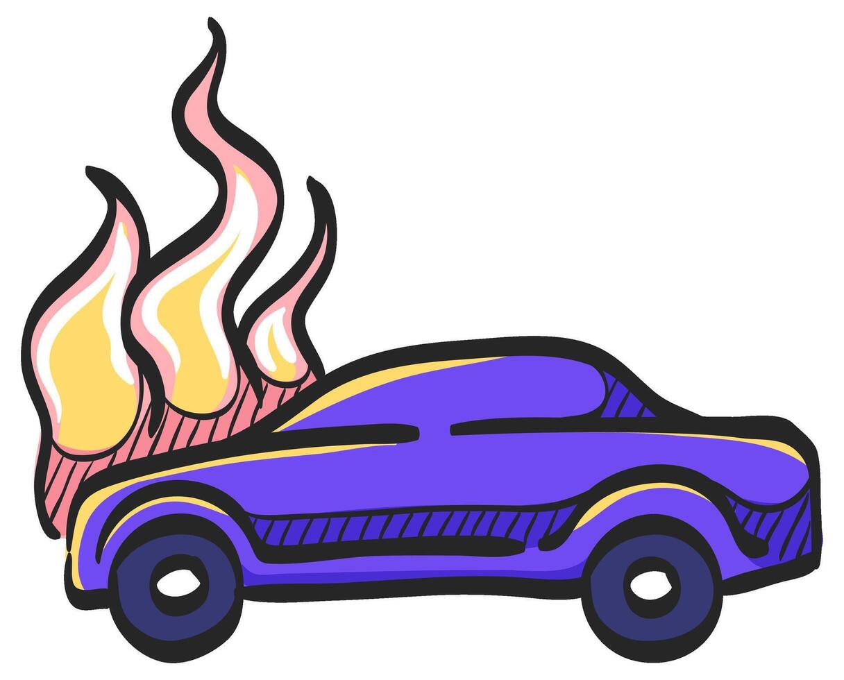 Car on fire icon in hand drawn color vector illustration