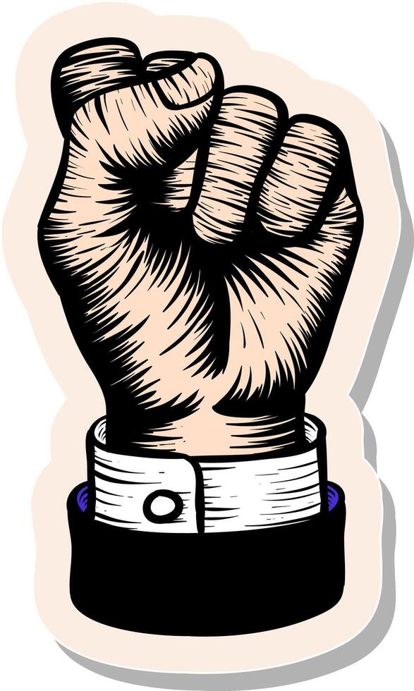 Hand drawn hand fist in woodcut in sticker style vector illustration