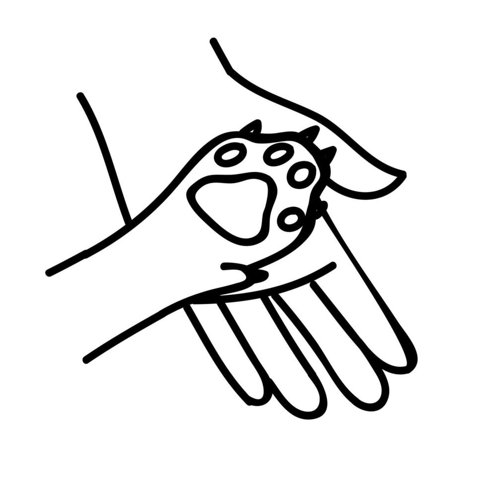 Animal care icon. Dog paw and human palm. Hand drawn vector illustration. Editable line stroke.