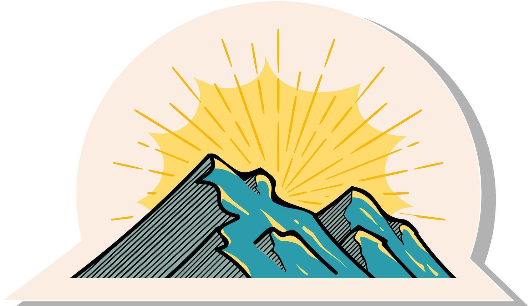 Hand drawn mountains with sun rays in sticker style vector illustration