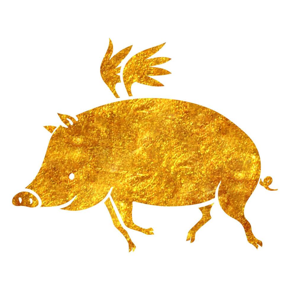 Hand drawn gold foil texture flying pig. Vector illustration.