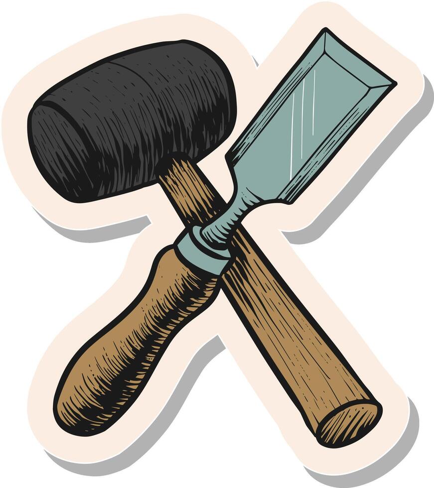 Hand drawn sticker style Chisel and mallet icon vector illustration