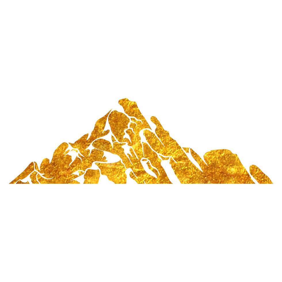 Hand drawn mountains in gold foil texture vector illustration