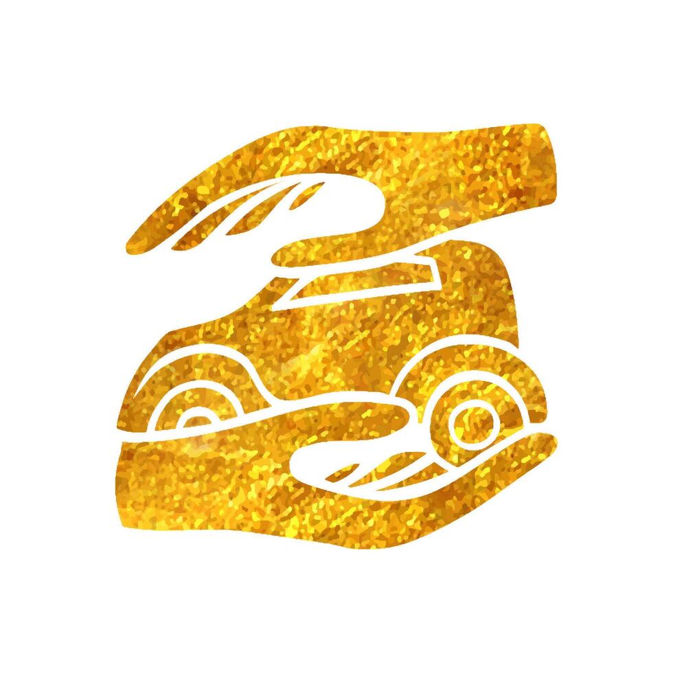 Hand drawn Hand holding car icon in gold foil texture vector illustration