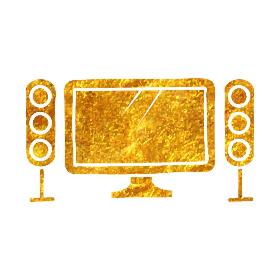 Hand drawn Home theater icon in gold foil texture vector illustration