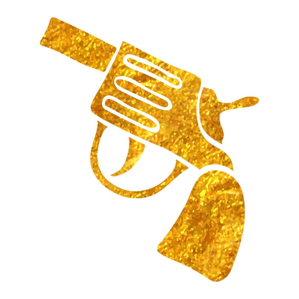 Hand drawn Revolver gun icon in gold foil texture vector illustration