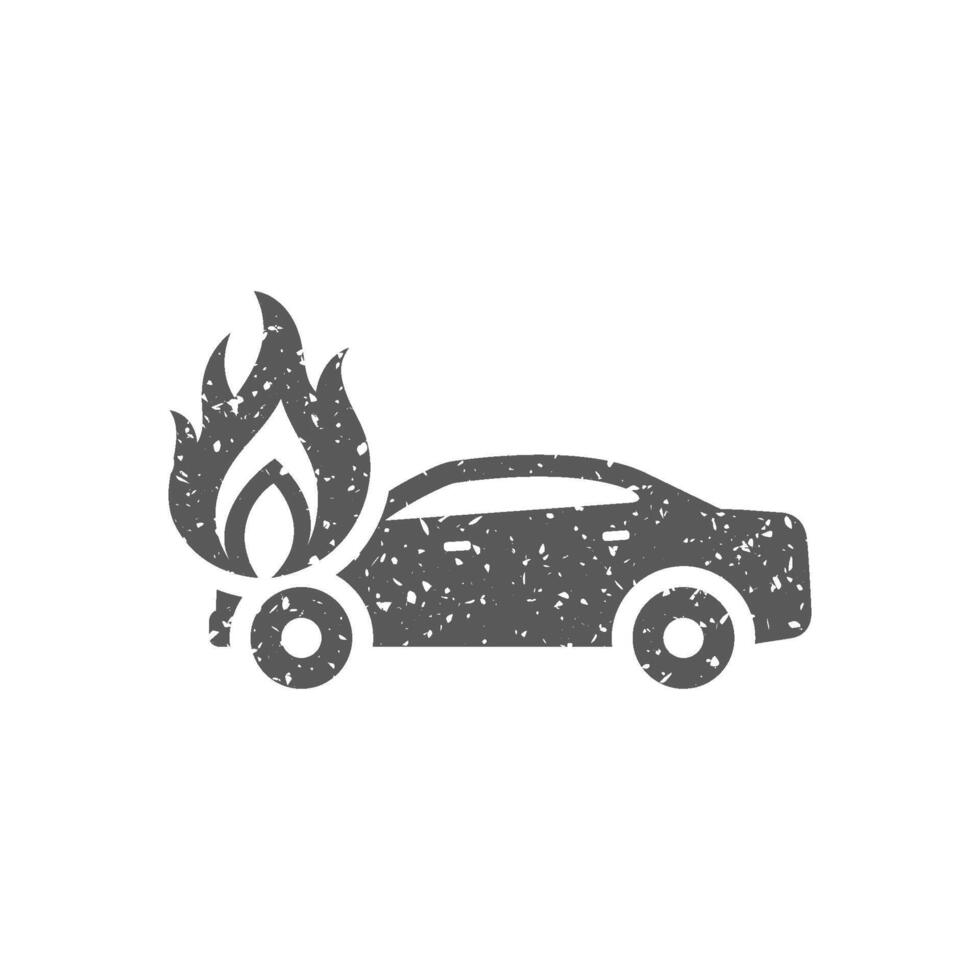 Car on fire icon in grunge texture vector illustration