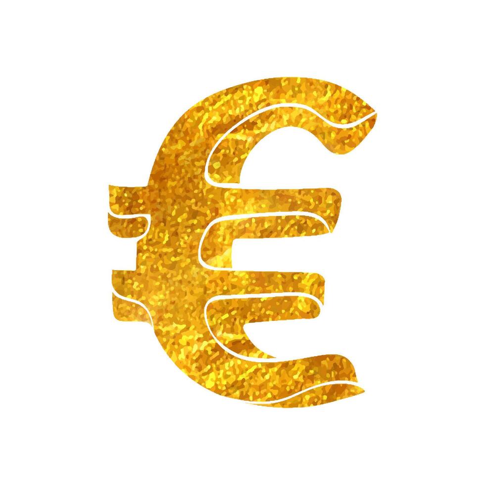 Hand drawn Euro currency symbol icon in gold foil texture vector illustration