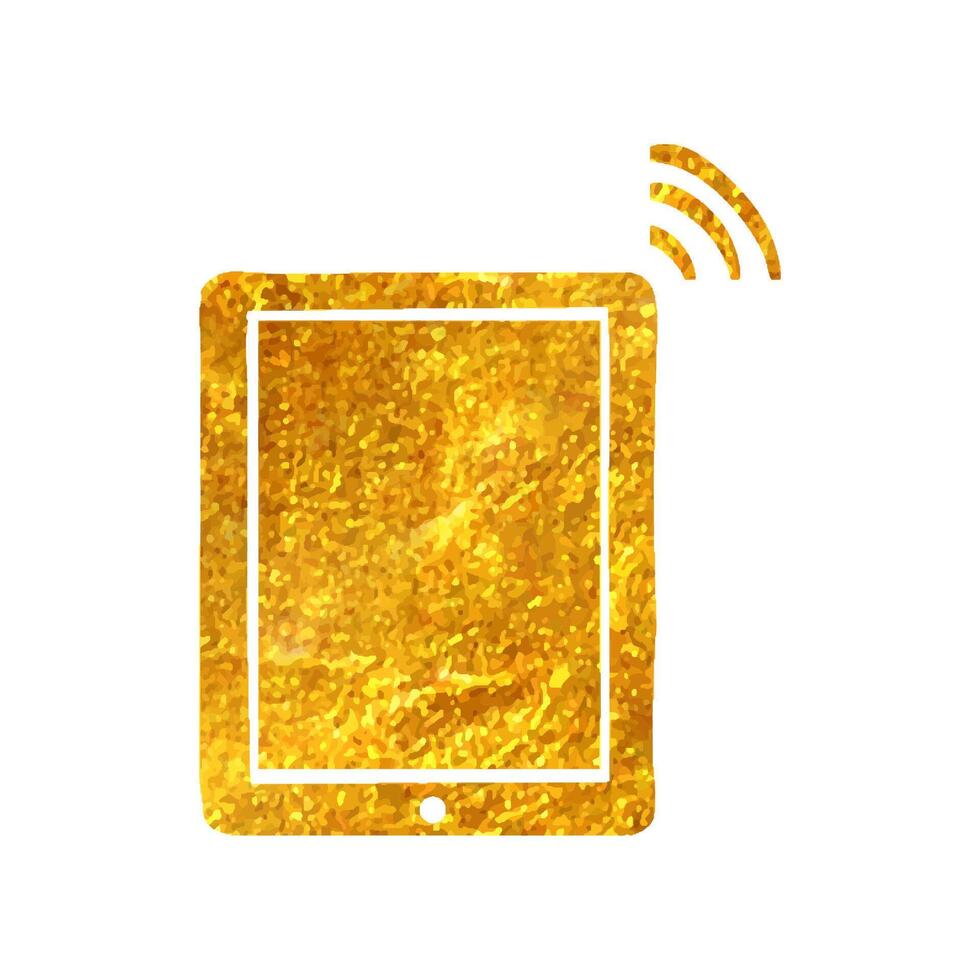 Hand drawn Tablet icon in gold foil texture vector illustration
