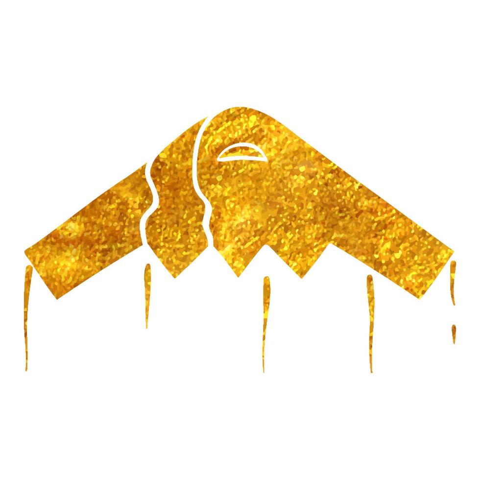 Hand drawn Stealth bomber icon in gold foil texture vector illustration