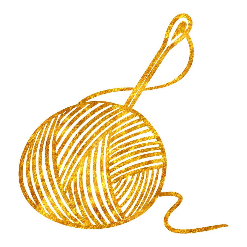 Hand drawn gold foil texture Yarn and needles illustration. Hand craft. vector