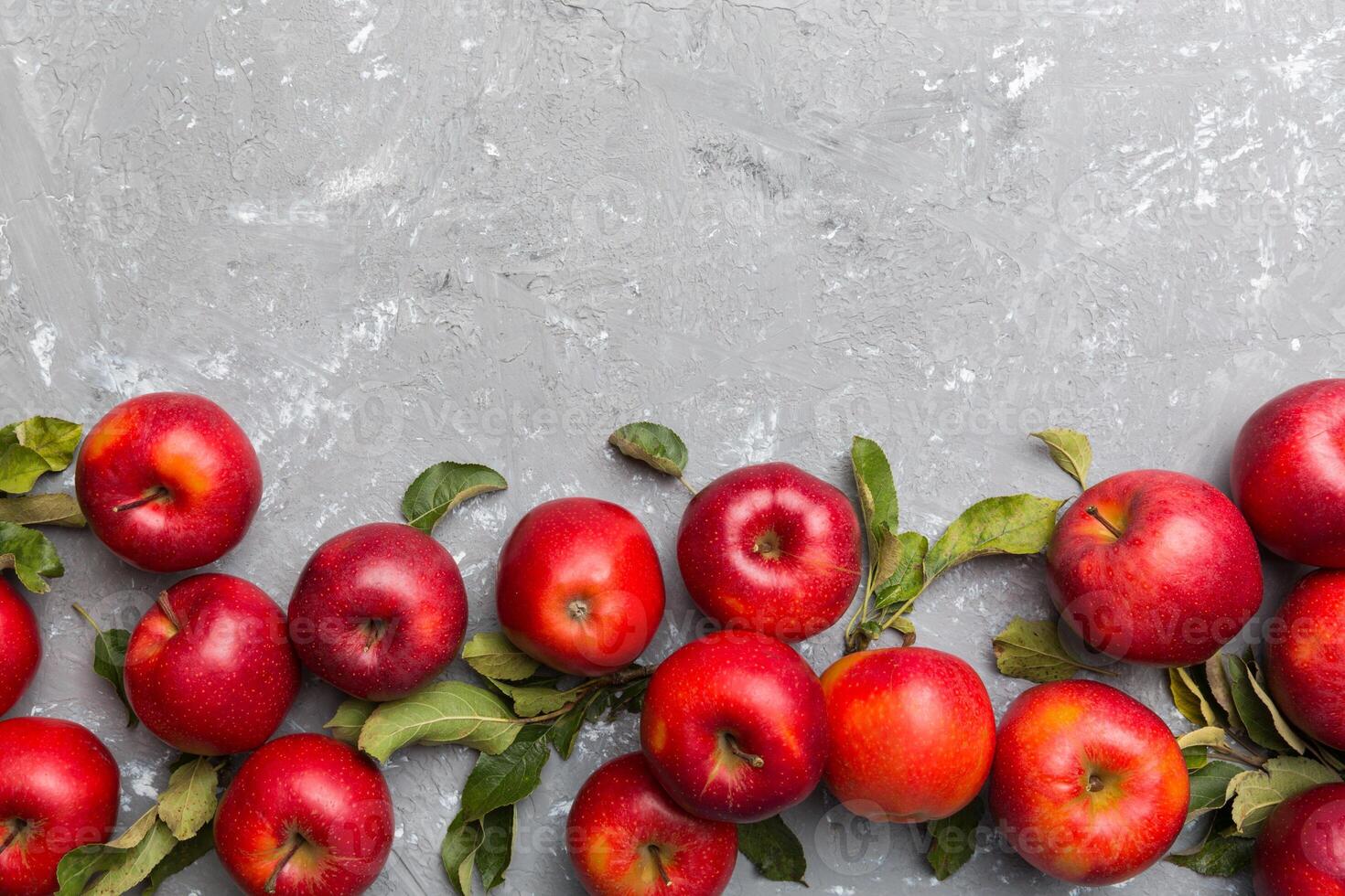 Many red apples on colored background, top view. Autumn pattern with fresh apple above view with copy space for design or text photo