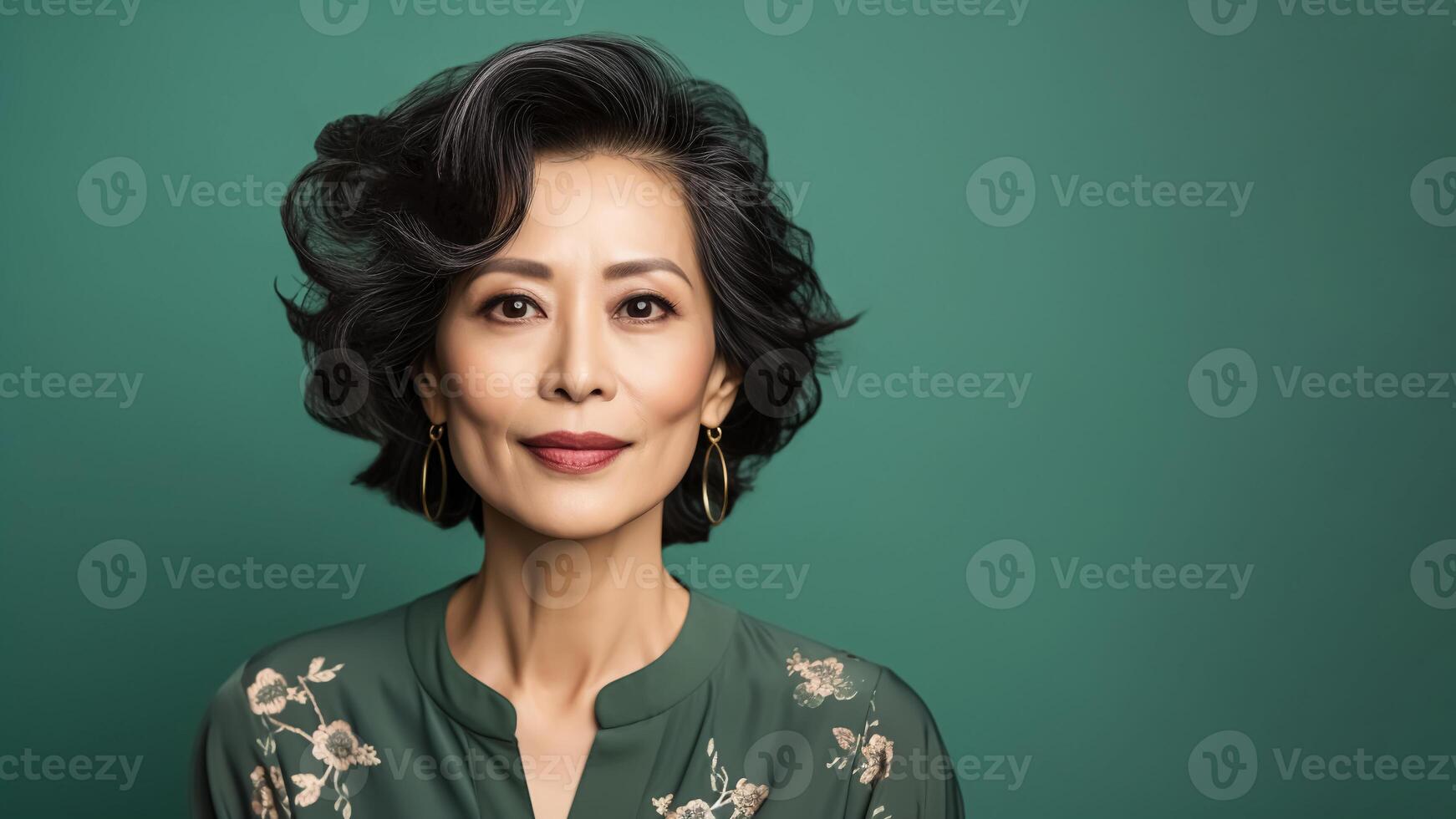 ai generado hermosa de edad mediana asiático mujer vistiendo blusa con tradicional bordado posando en verde antecedentes. retrato de maravilloso maduro dama con Rizado peinado con gris pelo foto