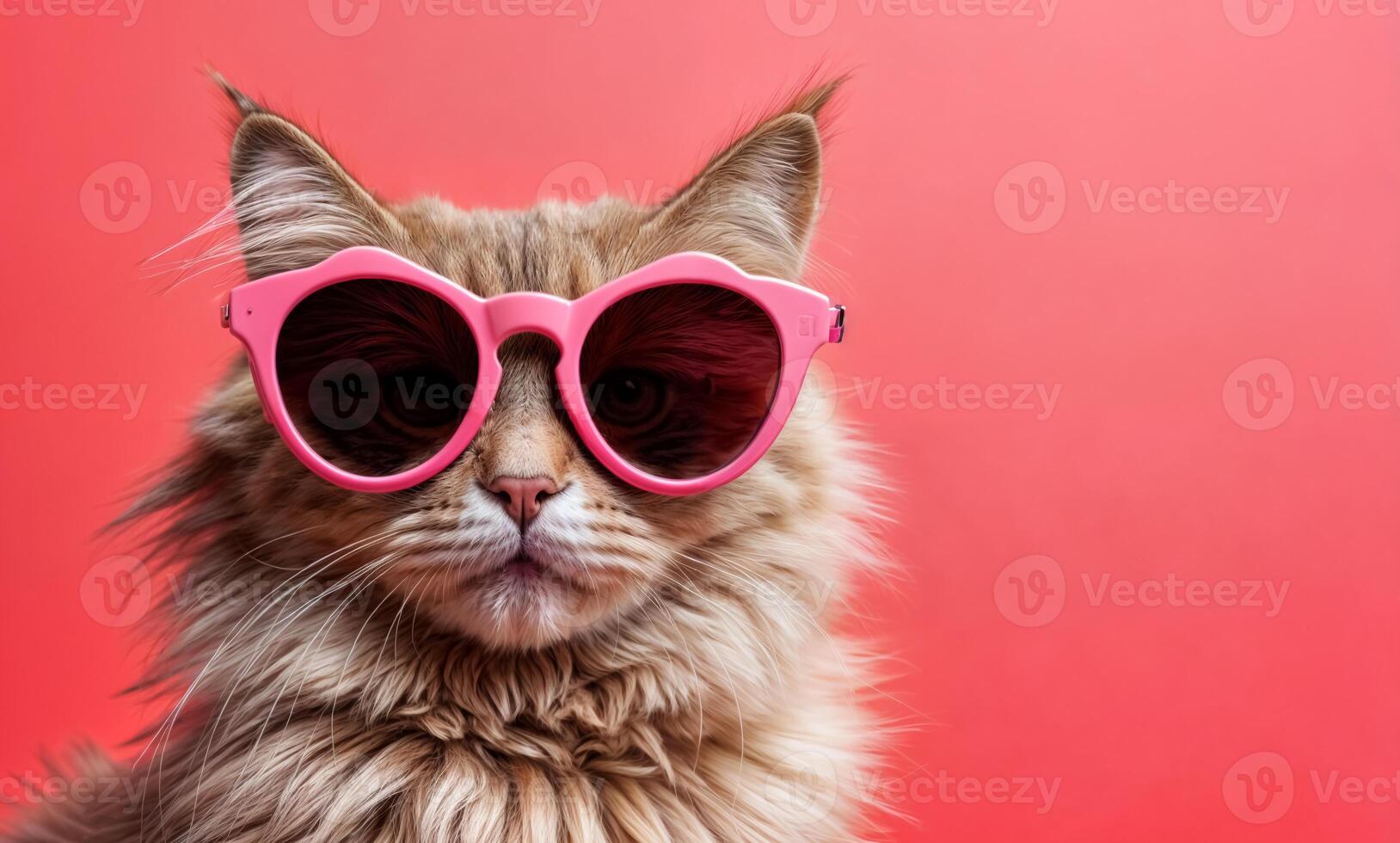 AI generated Portrait of cool fluffy grey cat in sunny pink glasses isolated on pink background. Funny cute pet photo