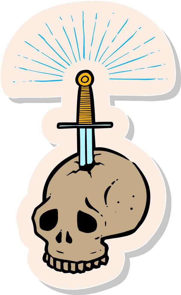 mano dibujado apuñalado cráneo por un espada en pegatina estilo vector ilustración